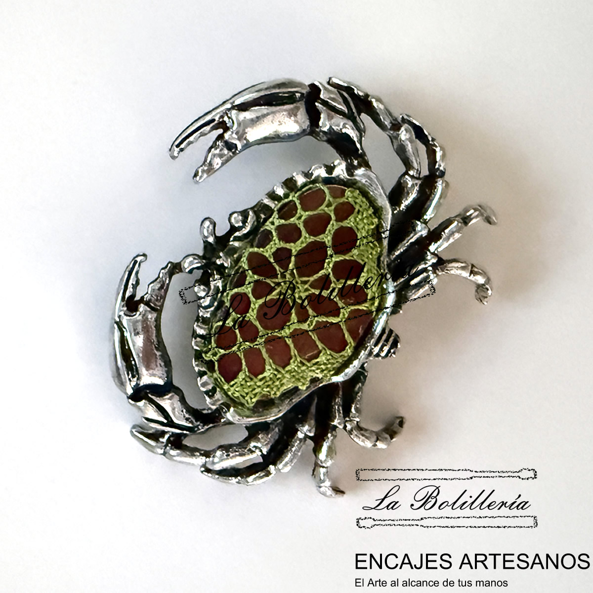 Broche Cangrejo Verde - Encajes Artesanos - El Arte al alcance de tus manos